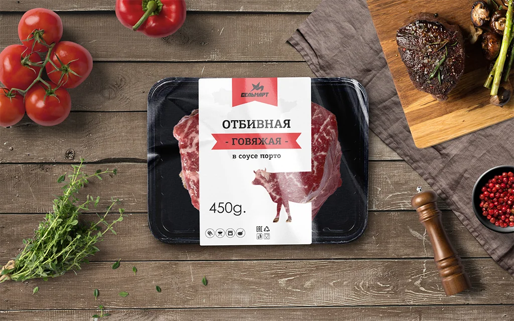 Дизайн упаковки мясных полуфабрикатов «Сельмарт»