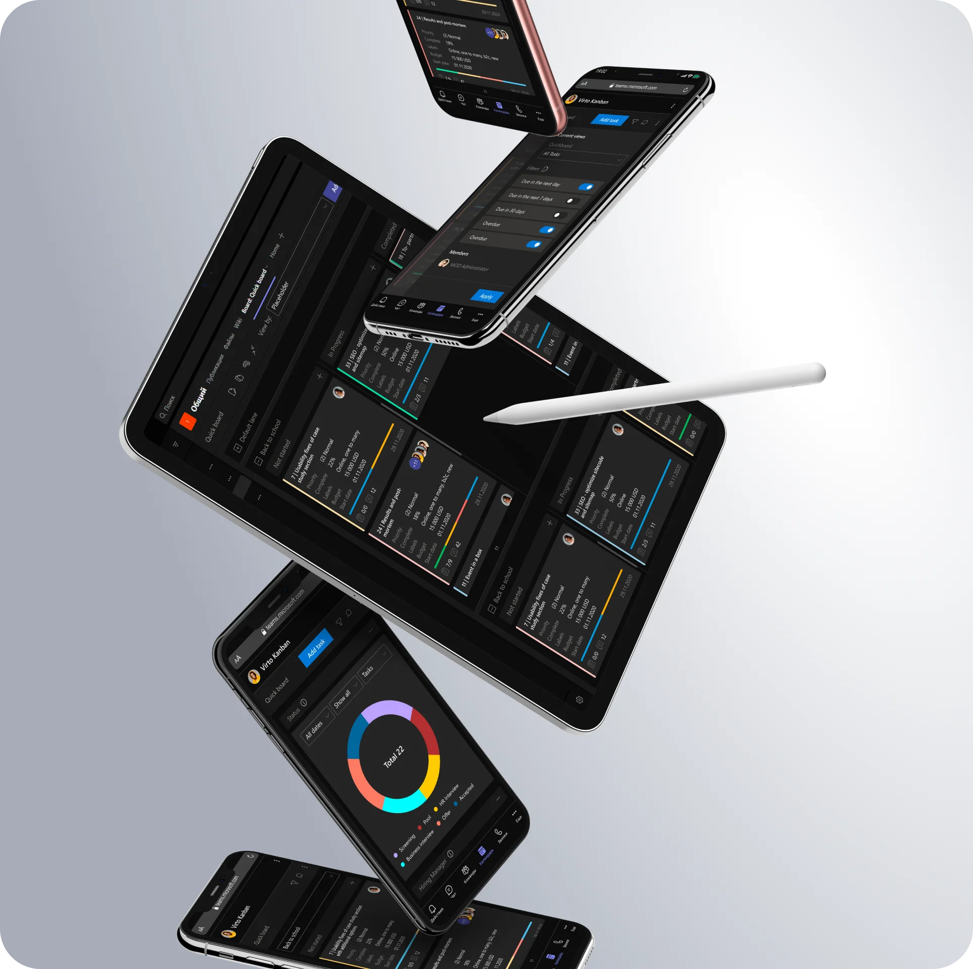 Экраны Virto Kanban Board на планшете и телефонах